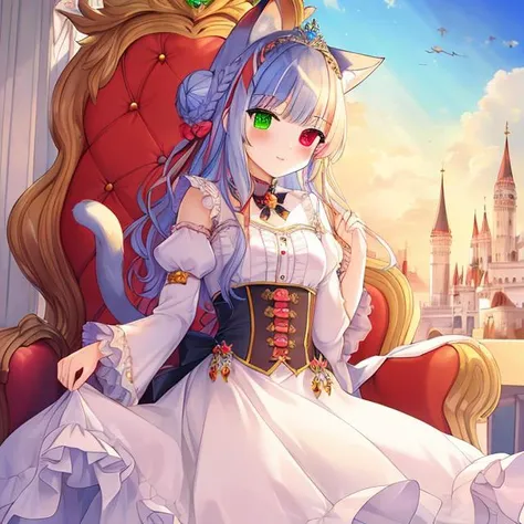 best quality, masterpiece, highres, detailed, perfect anatomy, <lyco:Change - PrincessCh:0.9>, PrincessCh, castle, throne, dress, heterochromia, multicolored hair, tiara, braid, braided bun, fox ears, fox tail, dog ears, dog tail, cat ears, cat tail,