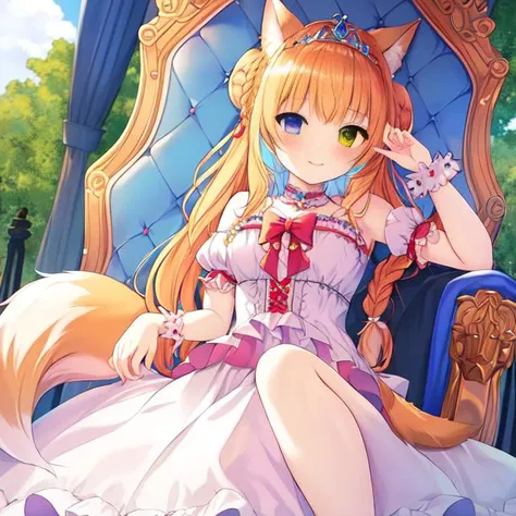 best quality, masterpiece, highres, detailed, perfect anatomy, <lyco:Change - PrincessCh:0.9>, PrincessCh, castle, throne, dress, heterochromia, multicolored hair, tiara, braid, braided bun, fox ears, fox tail, dog ears, dog tail, cat ears, cat tail,