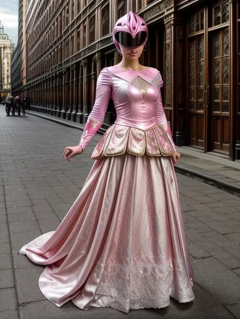 best quality, masterpiece, highres, detailed, perfect anatomy,  <lora:Detail - add_detail:0.2>,  <lyco:Change - PrincessCh:0.7>, PrincessCh, tiara, outdoors, city,  <lora:PinkRanger:0.6>, pinkranger, helmet, pink dress, long dress,