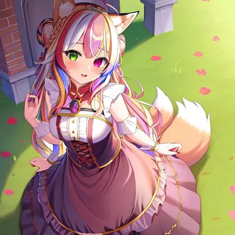 best quality, masterpiece, highres, detailed, perfect anatomy, <lyco:Change - PrincessCh:0.9>, PrincessCh, castle, throne, dress, heterochromia, multicolored hair, tiara, braid, braided bun, fox ears, fox tail, dog ears, dog tail, cat ears, cat tail,  <lora:EvilExec:0.8> EvilExecCh