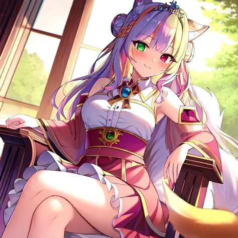 best quality, masterpiece, highres, detailed, perfect anatomy, <lyco:Change - PrincessCh:0.9>, PrincessCh, castle, throne, dress, heterochromia, multicolored hair, tiara, braid, braided bun, fox ears, fox tail, dog ears, dog tail, cat ears, cat tail, <lora:EvilExec:0.8> EvilExecCh