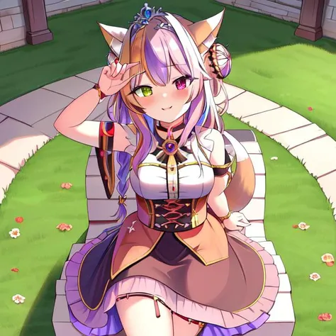 best quality, masterpiece, highres, detailed, perfect anatomy, <lyco:Change - PrincessCh:0.9>, PrincessCh, castle, throne, dress, heterochromia, multicolored hair, tiara, braid, braided bun, fox ears, fox tail, dog ears, dog tail, cat ears, cat tail,  <lora:EvilExec:1.0>, EvilExecCh