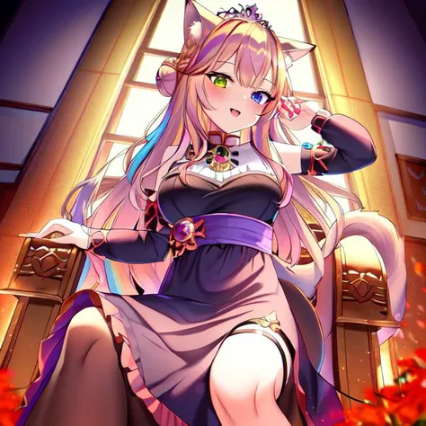 best quality, masterpiece, highres, detailed, perfect anatomy, <lyco:Change - PrincessCh:0.9>, PrincessCh, castle, throne, dress, heterochromia, multicolored hair, tiara, braid, braided bun, fox ears, fox tail, dog ears, dog tail, cat ears, cat tail,  <lora:EvilExec:0.8> EvilExecCh