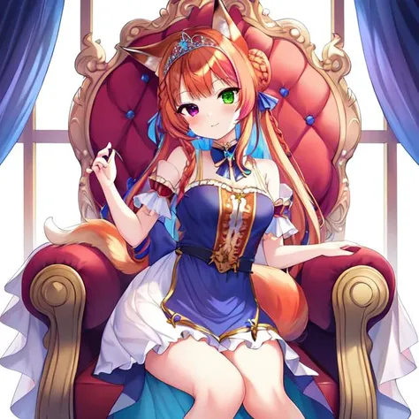 best quality, masterpiece, highres, detailed, perfect anatomy, <lyco:Change - PrincessCh:0.9>, PrincessCh, castle, throne, dress, heterochromia, multicolored hair, tiara, braid, braided bun, fox ears, fox tail, dog ears, dog tail, cat ears, cat tail,