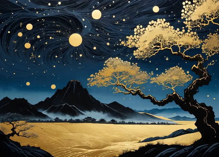 abstract art,(style of Yuko Shimizu:1.3),gold theme,dark sky,dark stars,chinese traditional scenery,<lora:linquivera:0.8>,linquivera,liiv1,<lora:g0ya_By_DevDope:0.8>, Old Oil Painting of by g0ya,, (masterpiece, best quality, high quality, highres, ultra-detailed),