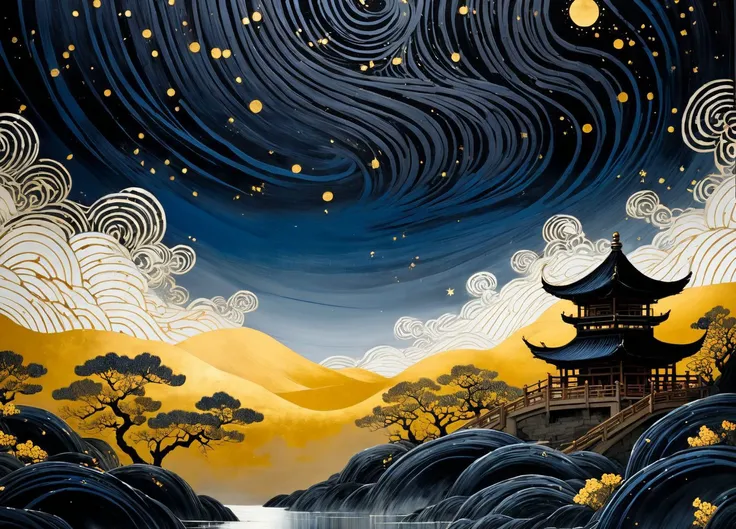 abstract art,(style of Yuko Shimizu:1.3),gold theme,dark sky,dark stars,chinese traditional scenery,<lora:linquivera:0.8>,linquivera,liiv1,<lora:g0ya_By_DevDope:0.8>, Old Oil Painting of by g0ya,, (masterpiece, best quality, high quality, highres, ultra-detailed),