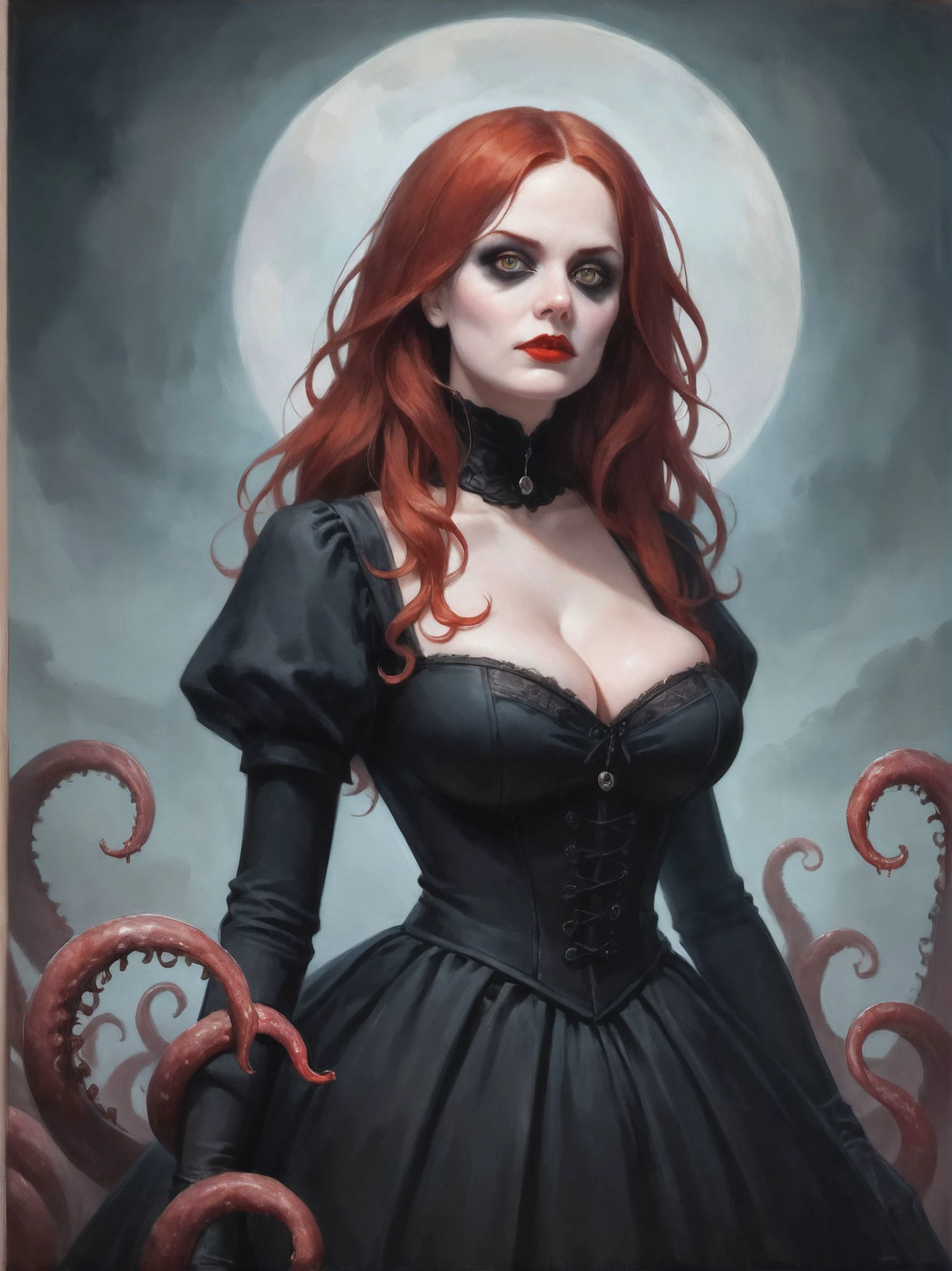 score_9, score_8, score_9_up, source_anime, content_sfw, high quality, high contrast, realistic, Bokeh Effect
highest quality, absurdres, (sharp focus:1.2), (Goya painting:1.2), gothic woman, black cloth, horror \(theme\), traditional media, Elvira, mistress of the dark, looking at viewer, breasts, large breasts, red hair,
, (tentacled monster), <lora:g0ya_By_DevDope:0.8>, <lora:Oil Painting Style SDXL_LoRA_10r_5e_56i_nr32_a16_Pony Diffusion V6 XL:0.5>, saggy breasts, huge breasts, cleavage,