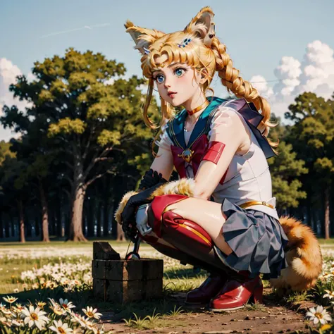 masterpiece, best quality, supersailormoon, <lora:super_sailor_moon:0.8> , Beautiful Art Style, TailsTheFox, animal, squatting, field of flowers,<lora:CursedTails:0.6>