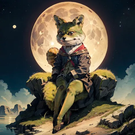 masterpiece, best quality,  pepe_frog,  <lora:pepe_frog:0.8> , Beautiful Art Style, TailsTheFox, animal, knees apart feet together,  moon,<lora:CursedTails:0.6>
