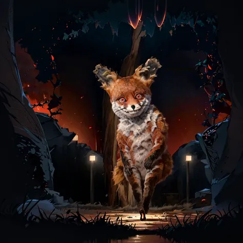 best quality, (dark lighting:1.5), dark, (extremely dark:1.3), dynamic lighting,
BREAK extremely (dark:1.1) forest,
BREAK <lora:DBKiCharge:0.55> , Ki Charge, red aura,
BREAK <lora:CursedTails:1.0> (TailsTheFox:1.3) walking towards behind the trees emanating , (dark lighting:1.3), (wide open red glowing eyes:1.2), (wide grin:1.2), no humans animal, animal focus,