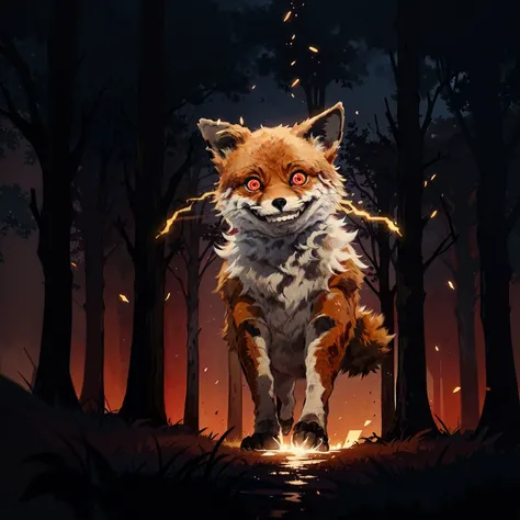 best quality, (dark lighting:1.5), dark, (extremely dark:1.2), dynamic lighting,
BREAK extremely (dark:1.1) forest,
BREAK <lora:CursedTails:0.75> TailsTheFox walking towards behind the trees, (dark lighting:1.5), (wide open red glowing eyes:1.2), (wide grin:1.2), no humans animal, animal focus,