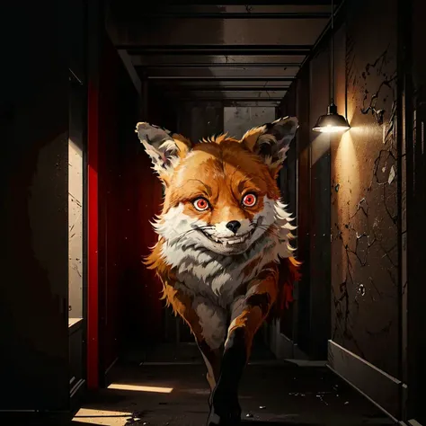 best quality, (dark lighting:1.5), dark, (extremely dark:1.2), dynamic lighting,
BREAK extremely (dark:1.1) corridor,
BREAK <lora:CursedTails:0.75> TailsTheFox walking towards in corridor, (dark lighting:1.5), (wide open red glowing eyes:1.2), (wide grin:1.2), no humans animal, animal focus,