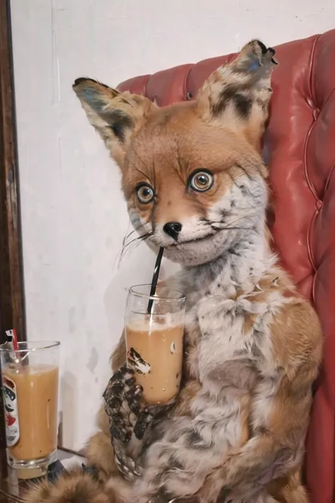 Highly detailed, High Quality, Masterpiece, beautiful, TailsTheFox, <lora:CursedTails:1>, no humans, animal, animal focus, boobatea, lips on the straw, drinking through the straw, <lora:boobatea:0.4>