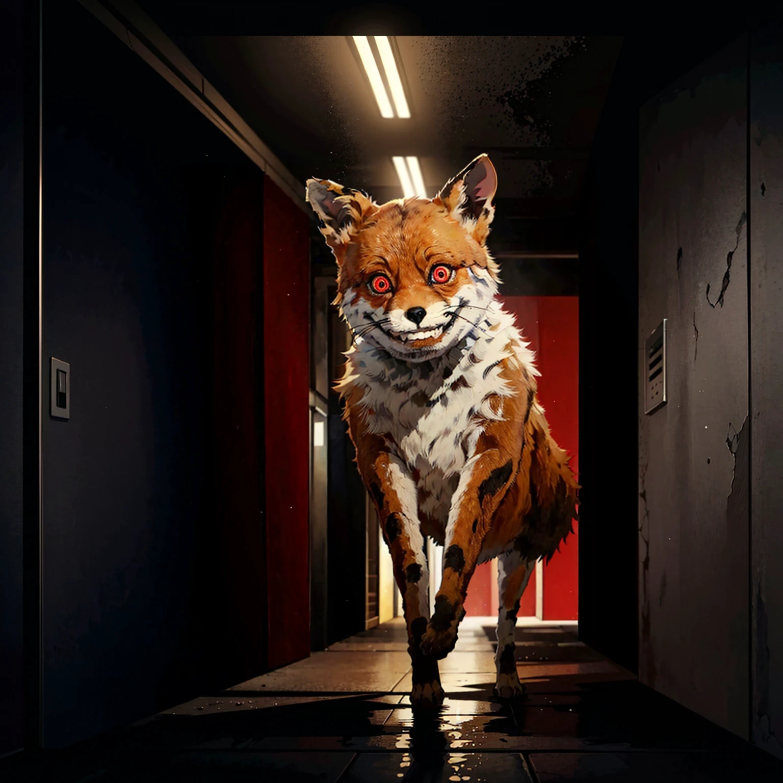 best quality, (dark lighting:1.2), dark, (extremely dark:1.2), dynamic lighting,
BREAK extremely (dark:1.1) corridor,
BREAK <lora:CursedTails:0.75> TailsTheFox walking towards in corridor, (dark lighting:1.1), (wide open red glowing eyes:1.2), (wide grin:1.2), no humans animal, animal focus,