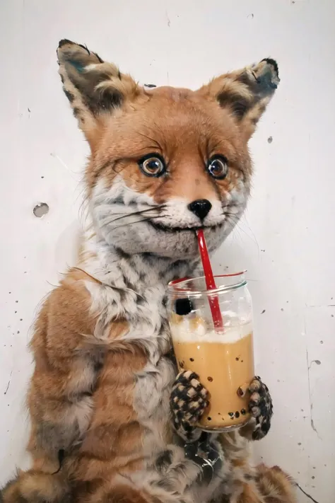 Highly detailed, High Quality, Masterpiece, beautiful, TailsTheFox, <lora:CursedTails:1>, no humans, animal, animal focus, boobatea, lips on the straw, drinking through the straw, <lora:boobatea:0.4>