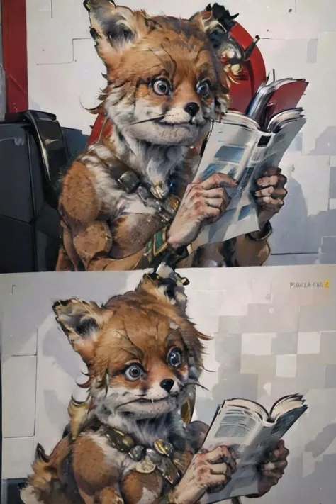 Highly detailed, High Quality, Masterpiece, beautiful,, solo, poohreading, <lora:Pos_WinniethePoohReadingMeme:0.85>, TailsTheFox, animal, animal focus, no humans, <lora:Char_Sonic_CursedTails:1>