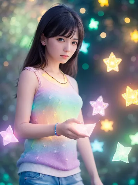 (best quality, masterpiece:1.2),ultra detailed,(photo realistic:1.4),solo,cute girl,(colorful illumination:1.1),light_particles, <lora:KiraKiraEffect_v1:0.3>,summon,on hand,luminescence_circle_background,<lora:SummonEffect_v1:0.3>,