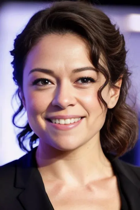 photo of TatianaMaslany2, looking at the camera, simple background, , detailed face, smile, intricate, soft lighting, masterpiece, beautiful,