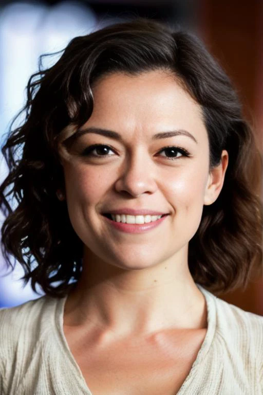 photo of TatianaMaslany2, looking at the camera, simple background, , detailed face, smile, intricate, soft lighting, masterpiece, beautiful,