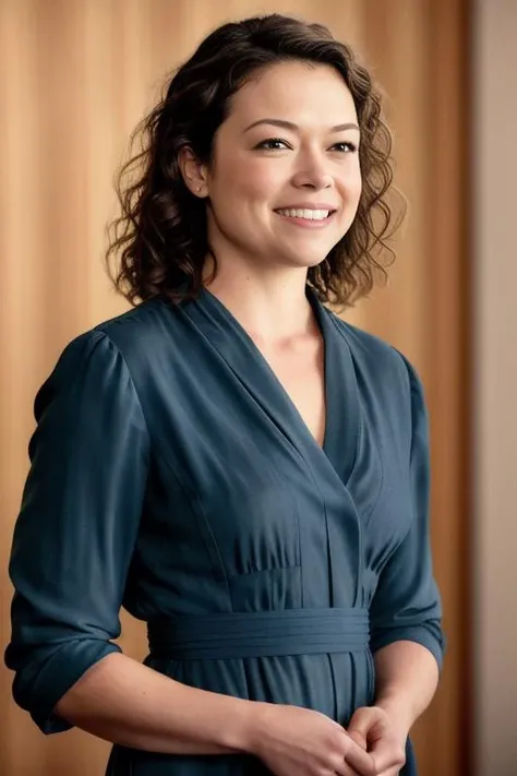 photo of TatianaMaslany2, looking at the camera, long dress, simple background, , detailed face, smile, intricate, soft lighting, masterpiece, beautiful,