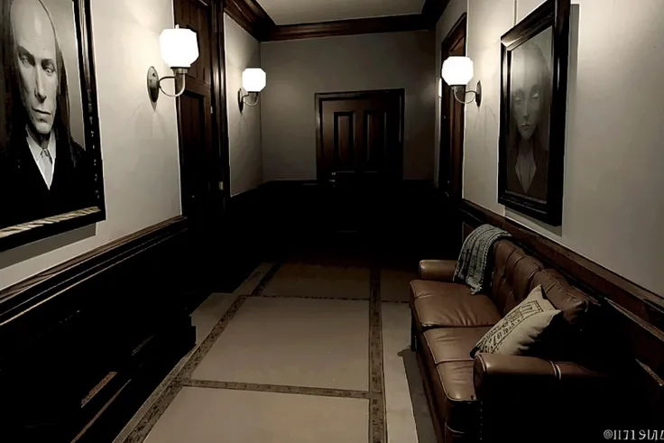 RAW photo of a dark hallway, creepy art hangs on the wall, a phone on a sofa table <lora:resevil:1>