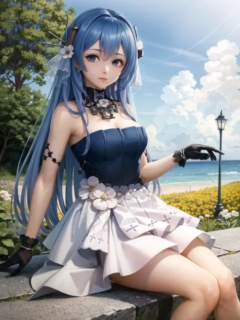 masterpiece, best quality, extremely detailed 8K wallpaper, 1girl, outdoors, Helena(Azur lane),strapless dress, dress, layered dress,white flower, hair ornament, purple eyes, (choker), outline, (black gloves), bare legs,