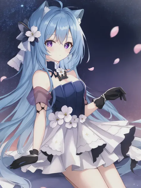 masterpiece, best quality, lighting, cat_ears, animal_ears, animal_ear_fluff, bangs, blue_hair, asymmetrical_bangs, bangs_to_the_side, purple_eyes, symmetrical_eyes, perfect_eyes, perfect_iris, hair_flower, flower_hair_ornament, medium_breasts, 1girl, solo, night, starry sky, cherry blossoms, strapless dress, dress, layered dress,white flower, black gloves, helena(azur lane), <lora:helenaAzurLane_v2:0.7>, bare_legs, black_heels