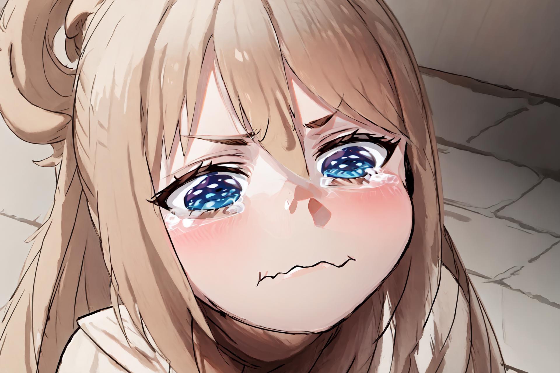 Anime girl with blue eyes and long blonde hair sitting on a tile floor ...