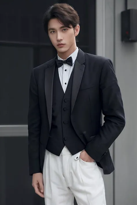 a man wearing a tuxedo, hand in pocket