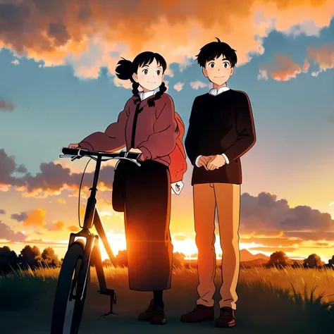 (masterpiece:1.2), best quality, masterpiece, highres, original,perfect light, 4k,8k,1boy, 1girl, autumn, autumn leaves, bag, bicycle, black hair, braid, building, cloud, dusk, evening, explosion, fire, flame, ground vehicle, hat, house, orange sky, outdoors, red sky, sky, smile, sun, sunset, tree, twilight, twin braids, yellow sky, <lora:Ghibli-v2:0.7>