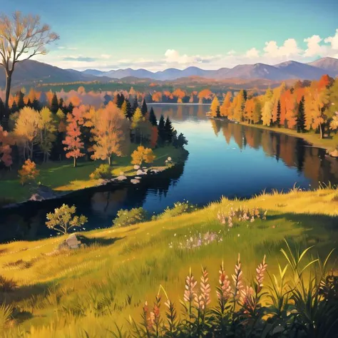 (masterpiece:1.2), best quality, masterpiece, highres, original,perfect light, 4k,8k,autumn, autumn leaves, bare tree, branch, bush, fence, forest, grass, lake, mountain, nature, no humans, outdoors, palm tree, path, pine tree, plant, scenery, sky, sunset, traditional media, tree, <lora:Ghibli-v2:0.7>