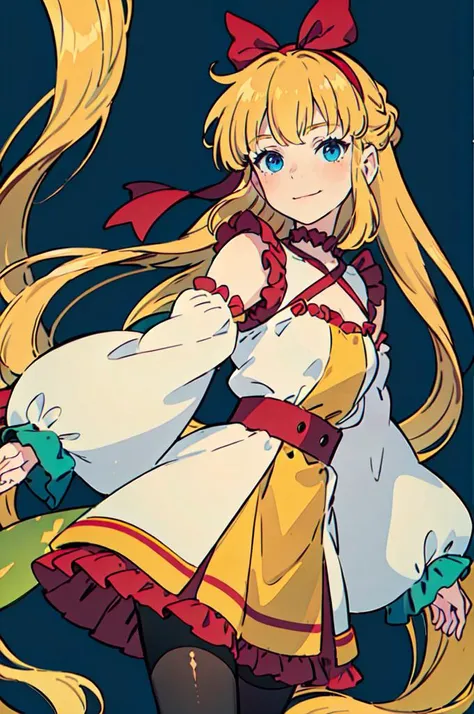 <lora:Ghibli-v2:0.7>, ultra detailed, masterpiece, best quality, aesthetic, detailed,, solo, soft smile, light smile,
1girl, blue eyes, very long hair, blonde hair, long blonde hair, french braid, bangs, medium breasts,, hair ribbon, frilled choker, criss-cross halter, sleeveless dress, high-waist skirt, backless dress, waist bow, detached sleeves, frilled sleeves, wide sleeves, pantyhose, patterned legwear, mary janes,