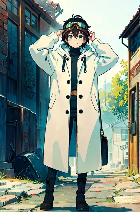 <lora:Ghibli-v2:0.7>, ultra detailed, masterpiece, best quality, aesthetic, detailed,, ultra detailed, masterpiece, best quality, solo, smile, 1boy, green eyes, short hair, black hair, bangs, hair between eyes, messy hair, (goggles on head:1.2),, headband, white coat, hooded coat, hood down, open coat, turtleneck, capri pants, pants, black knee boots,