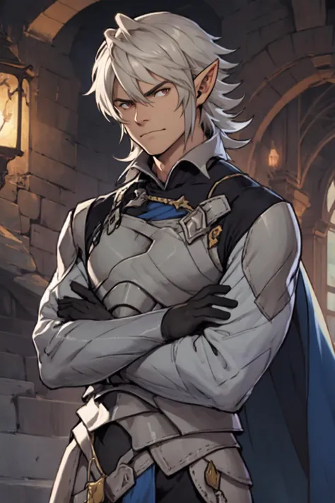 best quality, Mature male, arms crossed, <lora:fireemblem_corrin_male-10:.9> malecorrin, pointy ears, armor, cape, gloves