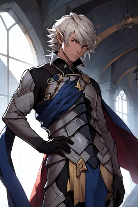 best quality, Mature male, looking over one shoulder, <lora:fireemblem_corrin_male-10:.9> malecorrin, pointy ears, armor, cape, gloves