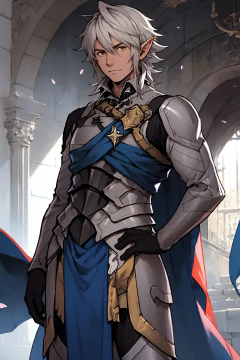 best quality, Mature male, looking over one shoulder, <lora:fireemblem_corrin_male-10:.9> malecorrin, pointy ears, armor, cape, gloves