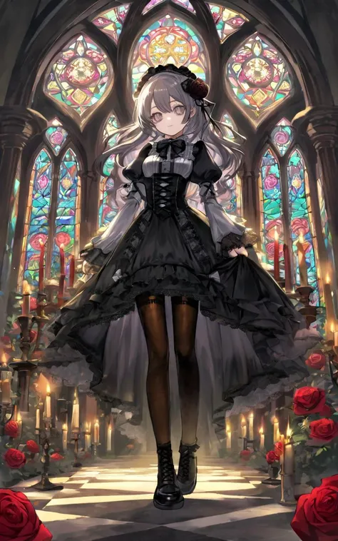 rose garden fantastic strong light wind light coming in, (royal garden rose) many rose, British Garden Rose Arch, 1girl, childish . medium breast , skindentation, lower eyelashes, upper eyelashes, eyeliner, Gothic Frilled dress, long skirt, Headdress, bowknot, hair ornament, hair flower, black fishnet_pantyhose, garter straps, Lace, cross-laced footwear, frilled blouse, ribbon-trimmed sleeves, puffy sleeves, Panniers, tulle , candlestick, stained glass, intricate gothic architecture, hip view, look up to, Dutch Angle/Dutch TiltAfullbody, Side Light, contrapposto, dynamic pose