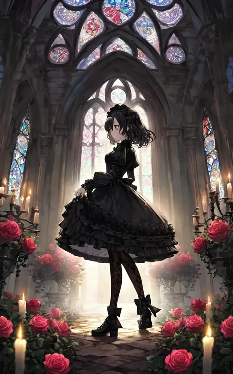 rose garden fantastic strong light wind light coming in, (royal garden rose) many rose, British Garden Rose Arch, 1girl, petite . medium breast , skindentation, lower eyelashes, upper eyelashes, eyeliner, Gothic Frilled dress, long skirt, Headdress, bowknot, hair ornament, hair flower, black fishnet_pantyhose, garter straps, Lace, cross-laced footwear, frilled blouse, ribbon-trimmed sleeves, puffy sleeves, Panniers, tulle , candlestick, stained glass, intricate gothic architecture, from side, looking to the side, full body, Back Light, contrapposto, dynamic pose