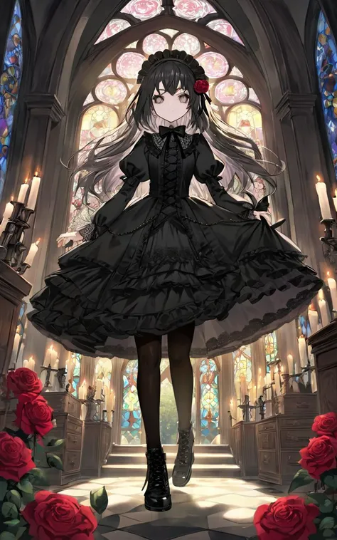 rose garden fantastic strong light wind light coming in, (royal garden rose) many rose, British Garden Rose Arch, 1girl, teen . flat chest , skindentation, lower eyelashes, upper eyelashes, eyeliner, Gothic Frilled dress, long skirt, Headdress, bowknot, hair ornament, hair flower, black fishnet_pantyhose, garter straps, Lace, cross-laced footwear, frilled blouse, ribbon-trimmed sleeves, puffy sleeves, drawers , candlestick, stained glass, intricate gothic architecture, From Up, looking away, , Motivated Light, contrapposto, dynamic pose
