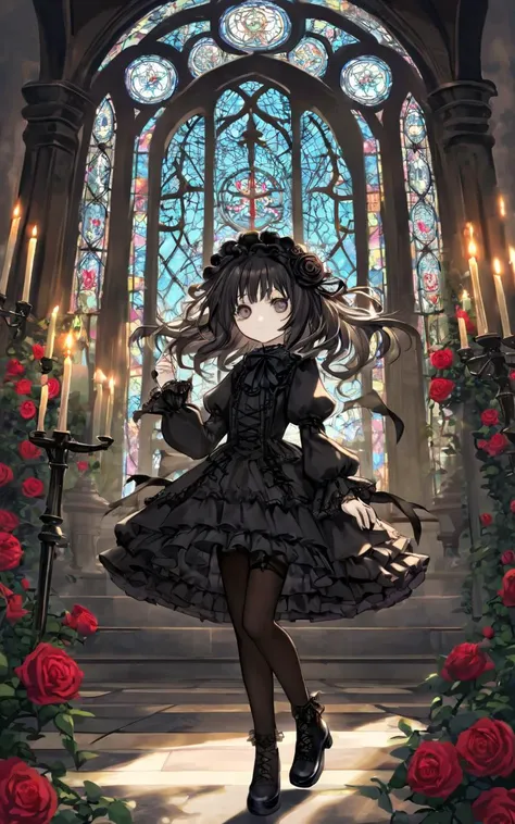 rose garden fantastic strong light wind light coming in, (royal garden rose) many rose, British Garden Rose Arch, 1girl, petite . flat chest , skindentation, lower eyelashes, upper eyelashes, eyeliner, Gothic Frilled dress, long skirt, Headdress, bowknot, hair ornament, hair flower, black fishnet_pantyhose, garter straps, Lace, cross-laced footwear, frilled blouse, ribbon-trimmed sleeves, puffy sleeves, bloomers , candlestick, stained glass, intricate gothic architecture, toward the buttocks, looking afar, cowboy shot, Key Light, contrapposto, dynamic pose