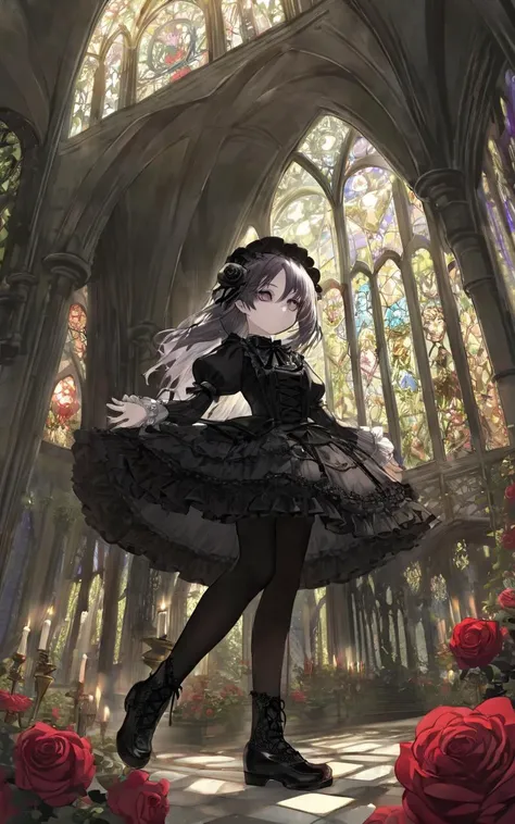 rose garden fantastic strong light wind light coming in, (royal garden rose) many rose, British Garden Rose Arch, 1girl, child . medium breast , skindentation, lower eyelashes, upper eyelashes, eyeliner, Gothic Frilled dress, long skirt, Headdress, bowknot, hair ornament, hair flower, black fishnet_pantyhose, garter straps, Lace, cross-laced footwear, frilled blouse, ribbon-trimmed sleeves, puffy sleeves, Panniers, tulle , candlestick, stained glass, intricate gothic architecture, toward the buttocks, looking up, Establishing Shot, Top Light, contrapposto, dynamic pose