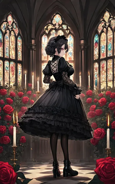 rose garden fantastic strong light wind light coming in, (royal garden rose) many rose, British Garden Rose Arch, 1girl, young . big breast , skindentation, lower eyelashes, upper eyelashes, eyeliner, Gothic Frilled dress, long skirt, Headdress, bowknot, hair ornament, hair flower, black fishnet_pantyhose, garter straps, Lace, cross-laced footwear, frilled blouse, ribbon-trimmed sleeves, puffy sleeves, Panniers, tulle , candlestick, stained glass, intricate gothic architecture, from behind, looking back, portrait, High-Key Lighting, contrapposto, dynamic pose