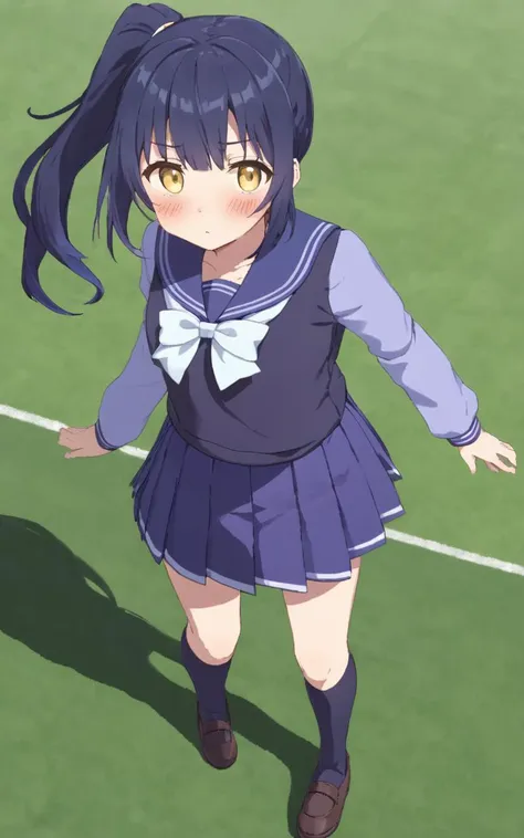 track, turf, 1girl, young . flat chest , skindentation, from above, looking up, full body, Kick Light, contrapposto, dynamic pose, <lora:_sdxl-um-trauniform:0.7> trawinuni, winter tracen_school_uniform, purpleblue sailor collar, purpleblue skirt, darkblue thighhighs, white_bowtie, skyblue_long sleeve blouse, white back bowtie, +++ 
blond eyes , 
dark blue hair, 
medium hair , 
side ponytail, 
streaked hair , 
asymmetrical bangs, 
hair flaps , 
NSFW staring, 
blush , 
+++