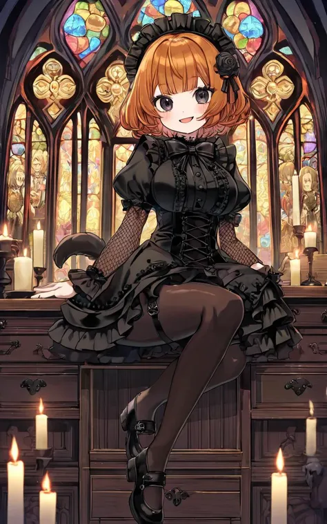 1girl, child . big breast , skindentation, bear ears, bear tail, bear legs fluffy furry beastman, +++
black eyes ,
bright amber hair,
medium hair ,
extra short hair,
wavy hair ,
blunt bangs,
sideburns ,
wavy mouth smile,
blush ,
head_tilt
+++, lower eyelashes, upper eyelashes, eyeliner, Gothic Frilled dress, long skirt, Headdress, bowknot, hair ornament, hair flower, black fishnet_pantyhose, garter straps, Lace, cross-laced footwear, frilled blouse, ribbon-trimmed sleeves, puffy sleeves, drawers , candlestick, stained glass, intricate gothic architecture, between the legs, looking away, extremely quality extremely detailed, illustration, cute anime face