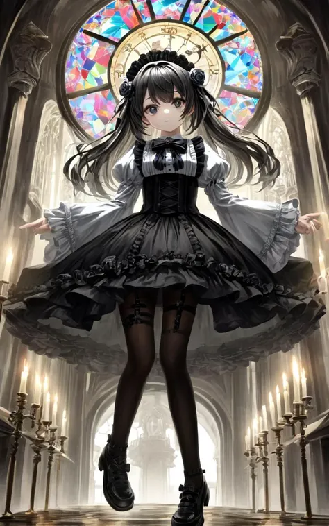 _25D-Style, <lora:_sdxl-25D-Style:1.0>, 1girl, teen . big breast , skindentation, lower eyelashes, upper eyelashes, eyeliner, Gothic Frilled dress, long skirt, Headdress, bowknot, hair ornament, hair flower, black fishnet_pantyhose, garter straps, Lace, cross-laced footwear, frilled blouse, ribbon-trimmed sleeves, puffy sleeves, bloomers , candlestick, stained glass, intricate gothic architecture, ((floating hair)), ((chromatic aberration)), ((caustic)), lens flare, asymmetrical (beautiful detailed eyes), eye_shadow, ((huge clocks)), (intricate big clocks) ((glass strips)), (floating glass fragments), ((colorful refraction)), (beautiful detailed sky), ((dark intense shadows)), ((cinematic lighting)), ((overexposure)), (expressionless), blank stare, big top sleeves, ((sharp focus)) hdr against glass fantastic wind broken glass