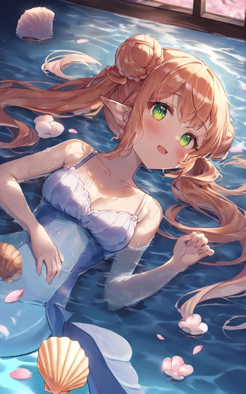 on back, looking away, High Angle, Key Light, contrapposto, dynamic pose, +++ 
burgundy eyes odd eyes , 
bright amber hair, 
very long hair , 
double bun and long twin tails, 
drill hair , 
swept bangs, 
sideburns , 
:>, 
blush , 
+++, <lora:_ShellBikini:0.7:lbw=OUTDD> shell bra ((extremely delicate and beautiful mermaid girl)), purple dolfin tailfin cute kawaii 1girl ((beautiful big tailfin petite_pointy ears)) glistening skin eyeliner skindentation medium breasts wet hair wet skin ((Bra made of scallop shells)) golden retriever hair [partially gradient [emerald:cobalt:0.9] hair] green eyes ((eyes visible through hair)) wavy mouth, wet water drop ((beautiful detailed lighting)),lying_on_water (from above), ((an extremely delicate and beautiful)) detailed wet clothes, overexplosure, floating, (beautiful detailed eyes), extremely beautiful detailed water, ((lying on the lake)), ((hairs curling in the water)), ((blue:green:0.5) water) (clear background), Gaslight, glare, window light, perfect darkness, perfect shadow, Peachland, fantastic, (cherry blossoms), park, petals, wind