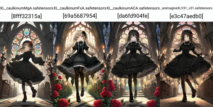 rose garden fantastic strong light wind light coming in, (royal garden rose) many rose, British Garden Rose Arch, 1girl, teen . flat chest , skindentation, lower eyelashes, upper eyelashes, eyeliner, Gothic Frilled dress, long skirt, Headdress, bowknot, hair ornament, hair flower, black fishnet_pantyhose, garter straps, Lace, cross-laced footwear, frilled blouse, ribbon-trimmed sleeves, puffy sleeves, drawers , candlestick, stained glass, intricate gothic architecture, From Up, looking away, , Motivated Light, contrapposto, dynamic pose