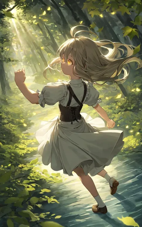 1girl, petite . small beasdt , skindentation, from behind, looking afar, Aerial Shot, Bounce Light, contrapposto, dynamic pose, dirndl white dress, puffy sleeves, brown leaser bustier, dark gray corset, gray long skirt, white apron, wooden shoes, floating (detailed light) floating hair glowing eyes leaves, ((wind)) nature (sunlight) river (forest) (bloom)