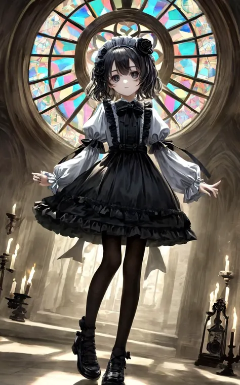 _25D-Style,  <lora:_sdxl-25D-Style:1.0>, 1girl, childish . flat chest , skindentation, lower eyelashes, upper eyelashes, eyeliner, Gothic Frilled dress, long skirt, Headdress, bowknot, hair ornament, hair flower, black fishnet_pantyhose, garter straps, Lace, cross-laced footwear, frilled blouse, ribbon-trimmed sleeves, puffy sleeves, bloomers , candlestick, stained glass, intricate gothic architecture, ((floating hair)), ((chromatic aberration)), ((caustic)), lens flare, asymmetrical (beautiful detailed eyes), eye_shadow, ((huge clocks)), (intricate big clocks) ((glass strips)), (floating glass fragments), ((colorful refraction)), (beautiful detailed sky), ((dark intense shadows)), ((cinematic lighting)), ((overexposure)), (expressionless),  blank stare, big top sleeves, ((sharp focus)) hdr against glass fantastic wind broken glass