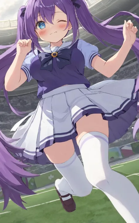 track, turf, 1girl, petite child innocent ankle-biter . big breast , skindentation, from below, looking at another, Aerial Shot, Side Light, contrapposto, dynamic pose, <lora:_sdxl-um-trauniform:0.7> trasumuni, summer tracen_school_uniform, white sailor collar, white skirt, white thighhighs, darkblue_bowtie, skyblue short sleeve blouse, darkblue back bowtie, +++
iridescence eyes ,
vivid purple hair,
very long hair ,
low twintails,
streaked hair ,
hair over one eye,
hair flaps ,
:d,
nose blush ,
head_tilt
+++